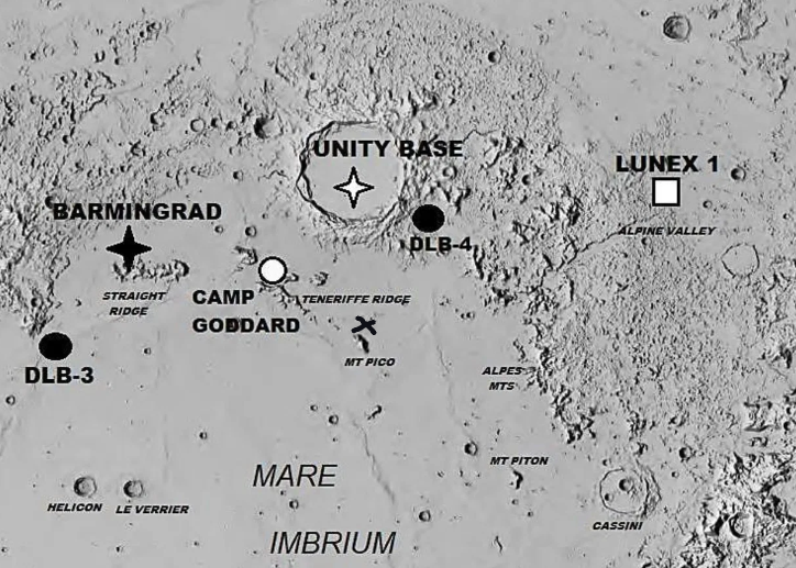 The Neighbourhood A hillshaded map of the Moon showing craters, mare, and base locations