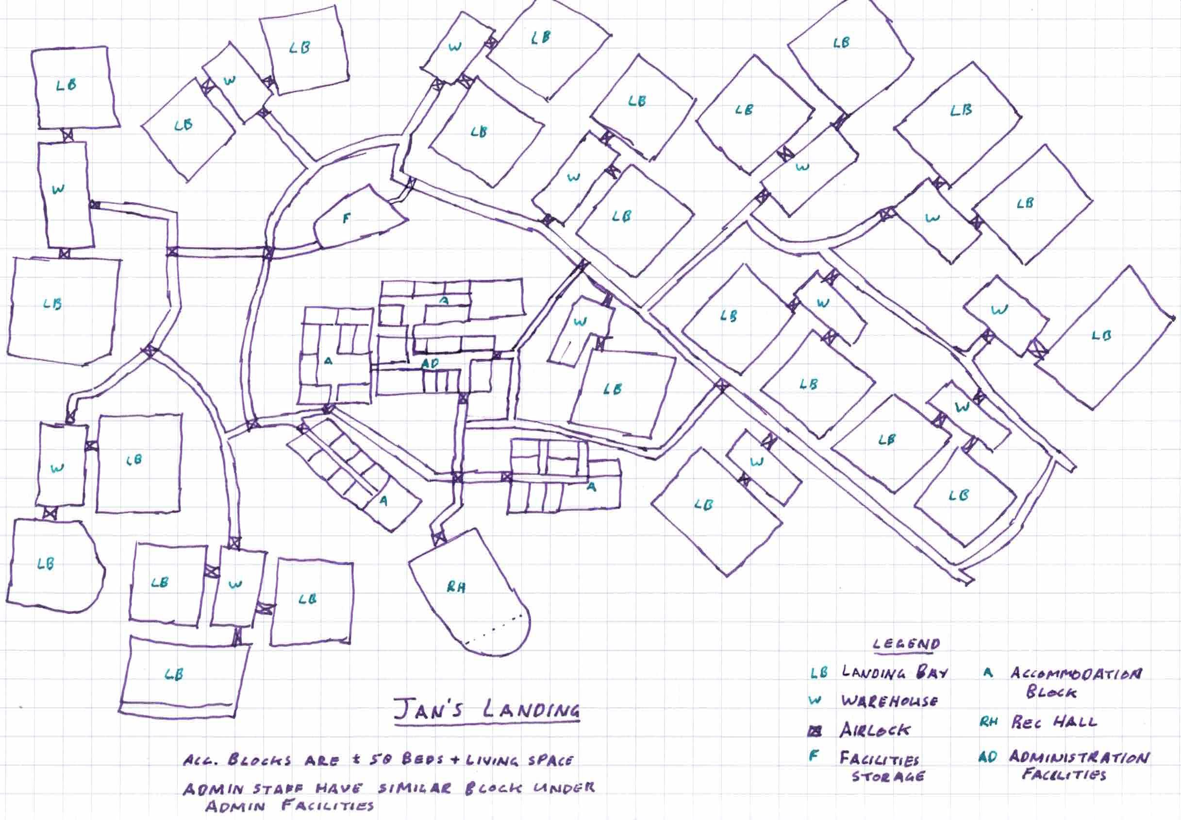 A line drawing of Jan’s Landing, showing the various landing pads and warehouse areas.